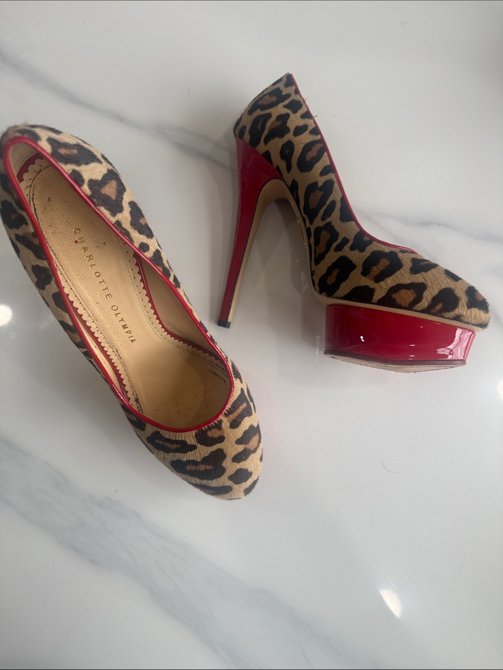 Charlotte Olympia Leopard Print Platform Pumps with Red Patent Accents